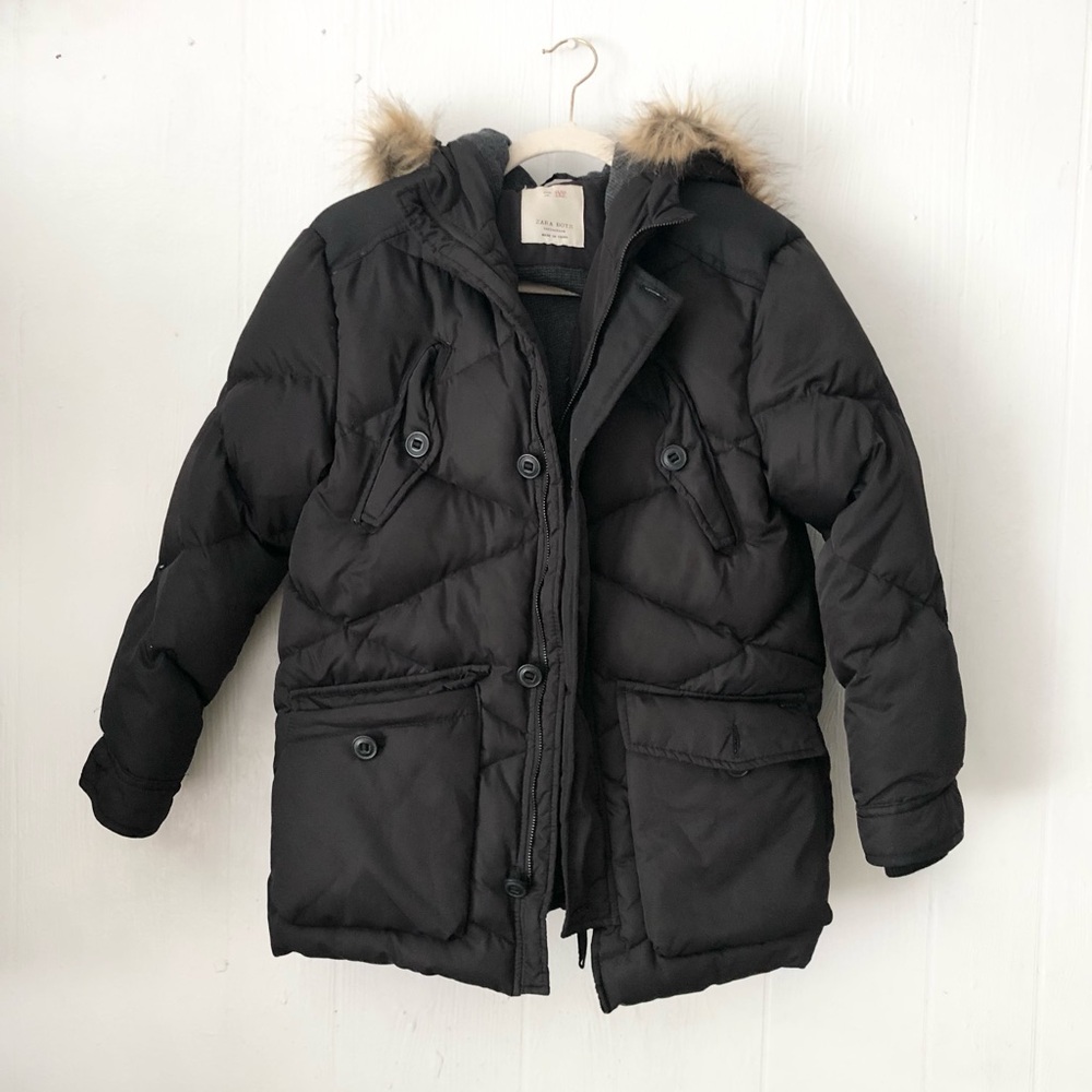 Zara Boys Collection Down Feather Faux Fur Hood Jacket
